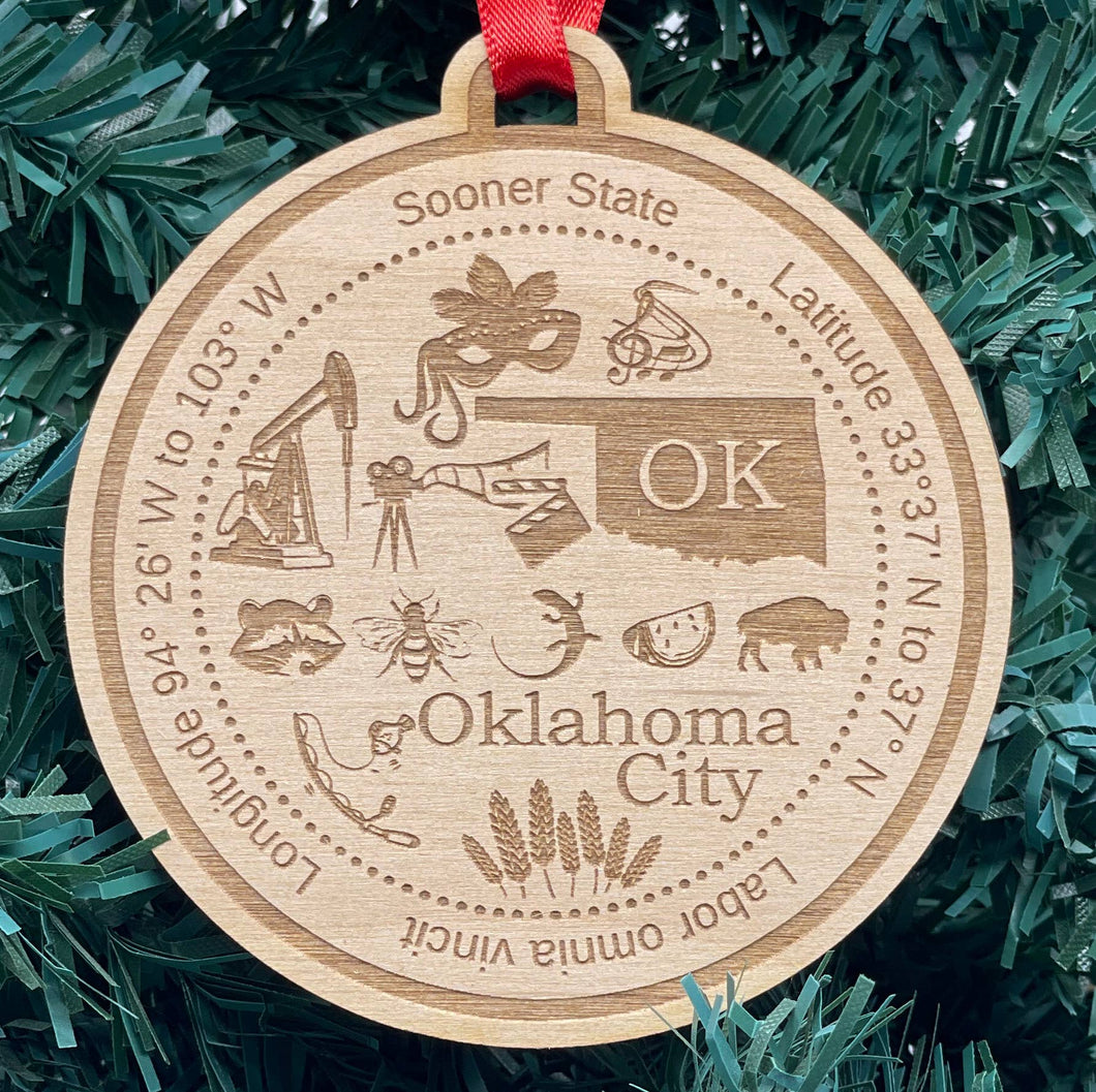 CUSTOM Town Name Oklahoma Wood Christmas Ornament