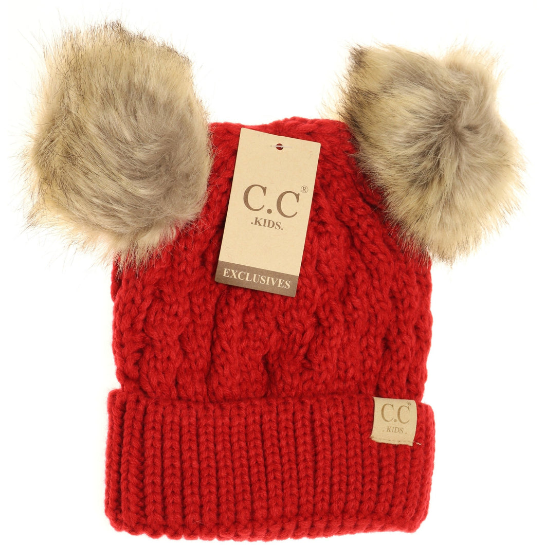 Kids Cable Knit Fur Pom CC Beanie