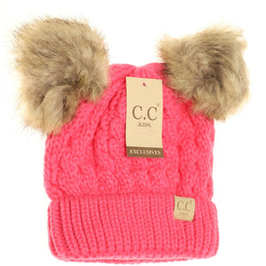 Kids Cable Knit Fur Pom CC Beanie