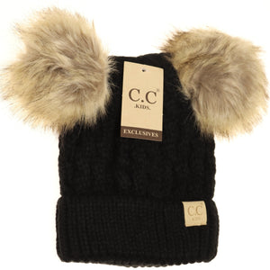 Kids Cable Knit Fur Pom CC Beanie