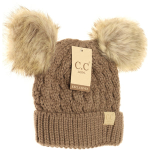 Kids Cable Knit Fur Pom CC Beanie