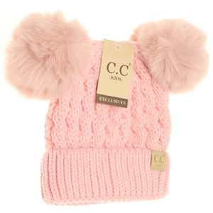 Kids Cable Knit Fur Pom CC Beanie