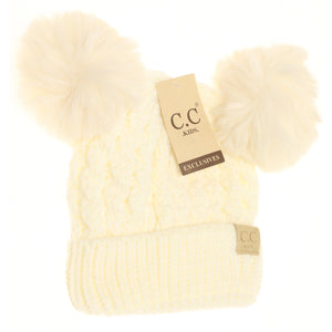 Kids Cable Knit Fur Pom CC Beanie