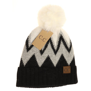 Chevron Beanie with Faux Fur Pom