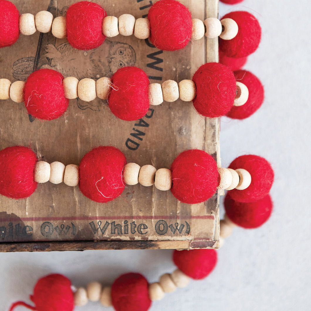 Wool Felt Ball and Wood Bead Garland