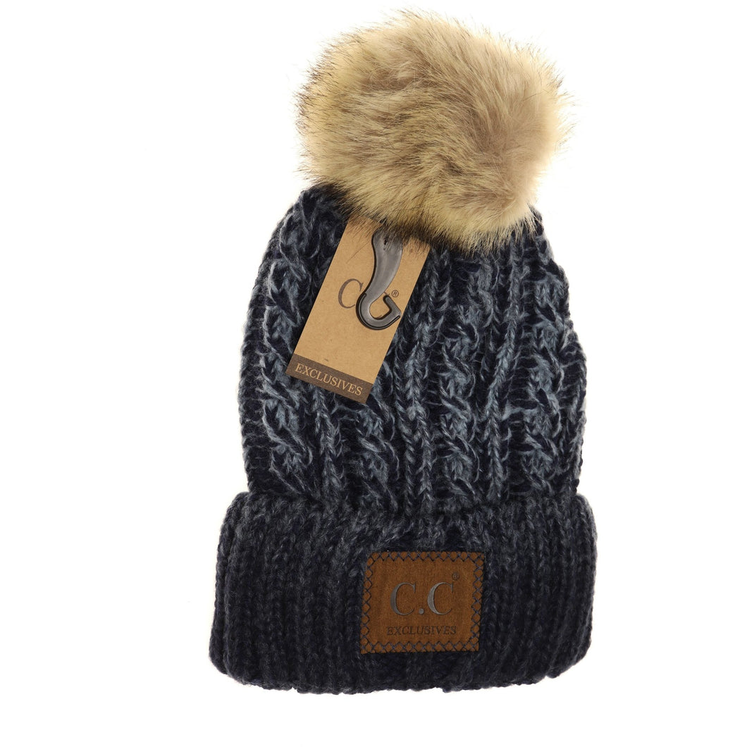 Two-Tone Ombre Vintage Faux Fur Pom Beanie